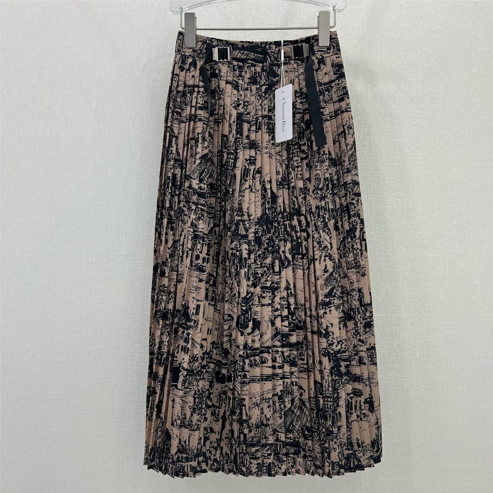 Dior Tan Pleated Maxi Skirt Vintage Print Skirt Size M